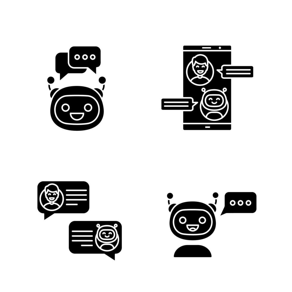 chatbots glyph pictogrammen instellen. silhouet symbolen. virtuele assistenten. messenger en chatbots. moderne robots. chatbots voor smartphones. vector geïsoleerde illustratie