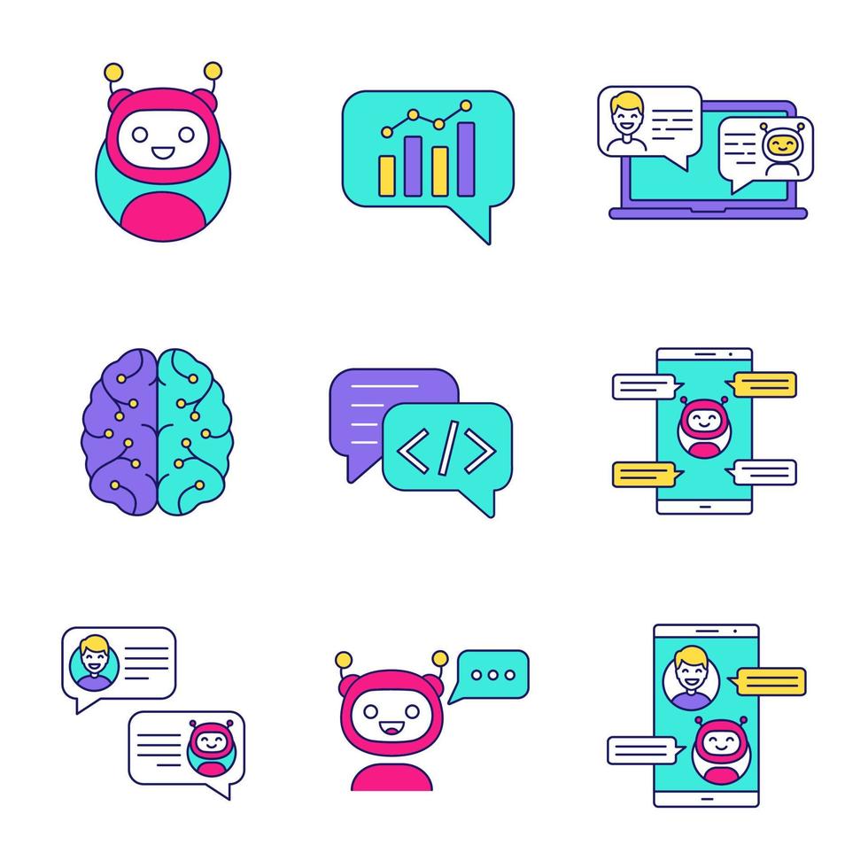 chatbots gekleurde pictogrammen instellen. praatbots. grafiek, ondersteuning, code, messenger, chatbots. moderne robots. chatbots. virtuele assistenten. geïsoleerde vectorillustraties vector