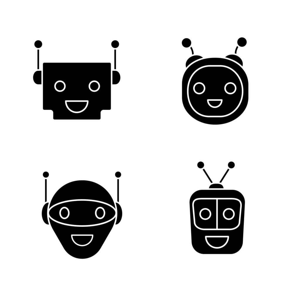 chatbots glyph pictogrammen instellen. silhouet symbolen. praatbots. lachen virtuele assistenten collectie. moderne robots. gesprekspartners. vector geïsoleerde illustratie