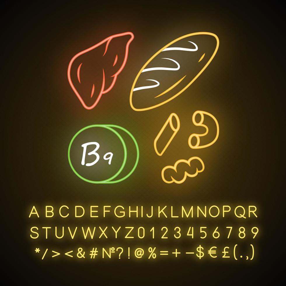 vitamine b9 neonlichtpictogram. brood, lever en pasta. vlees- en meelproducten. gezond eten. foliumzuur natuurlijke voedingsbron. gloeiend bord met alfabet, cijfers, symbolen. vector geïsoleerde illustratie