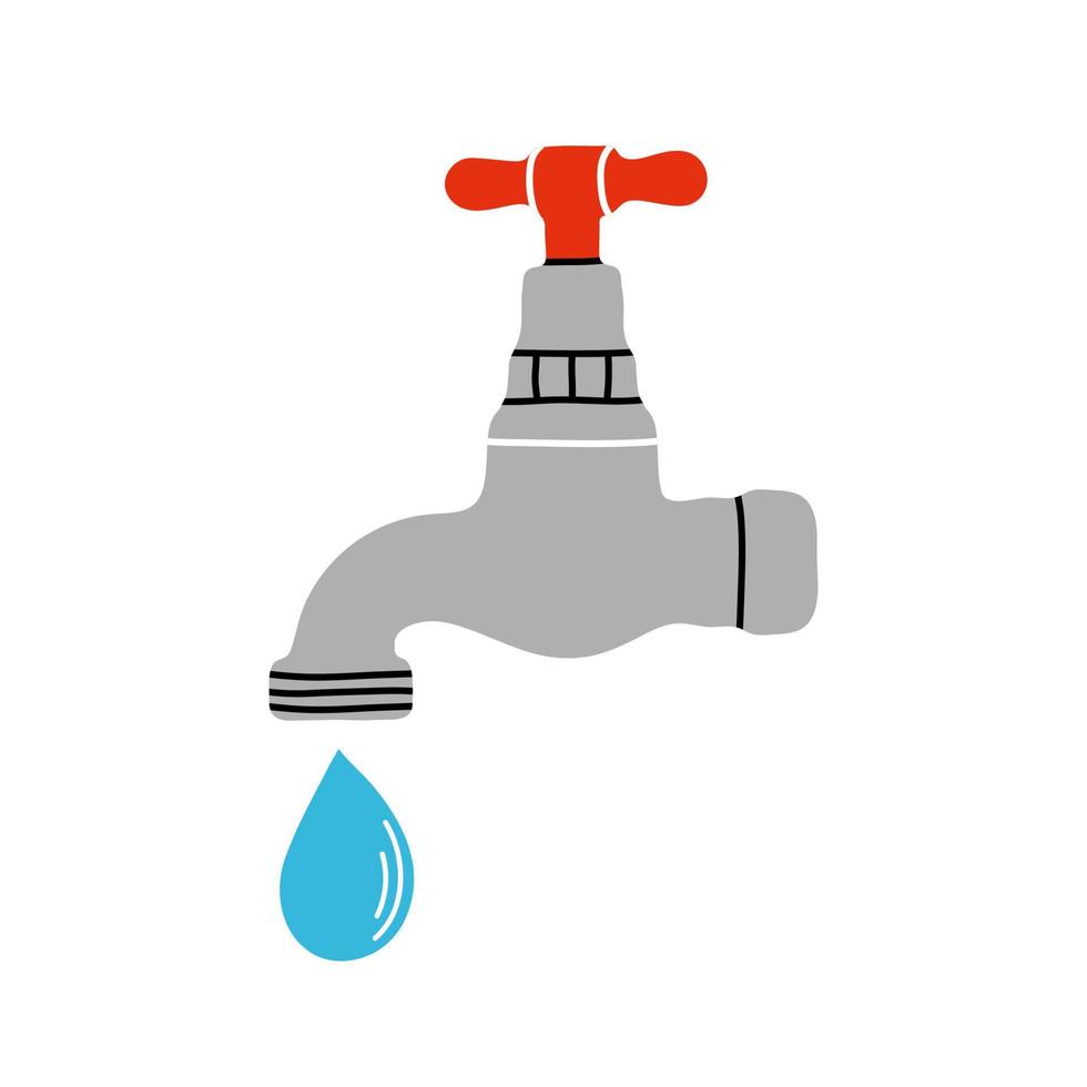 waterelement clipart in platte lijnstijl. hand getekende vectorillustratie van waterkraan, kraan en druppel. sanitair patch, badge, embleem. bespaar waterconcept, druipend water. vector