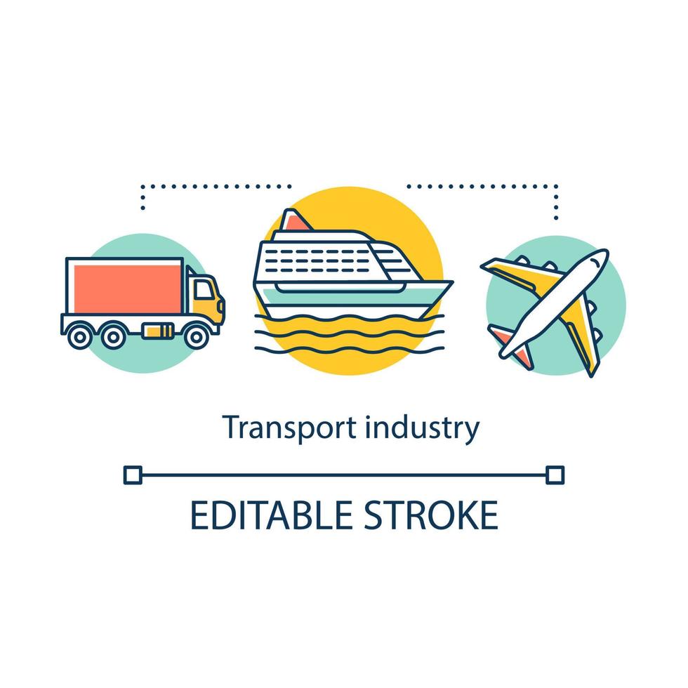 transport industrie concept icoon. transport sector. logistiek. verzending per vrachtwagen, cruiseschip, vliegtuigidee dunne lijnillustratie. vector geïsoleerde overzichtstekening. bewerkbare streek