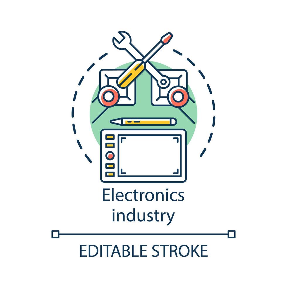 elektronica-industrie concept icoon. technische service. productie- en reparatieautomatisering. robot handen tablet idee dunne lijn illustratie. vector geïsoleerde overzichtstekening. bewerkbare streek