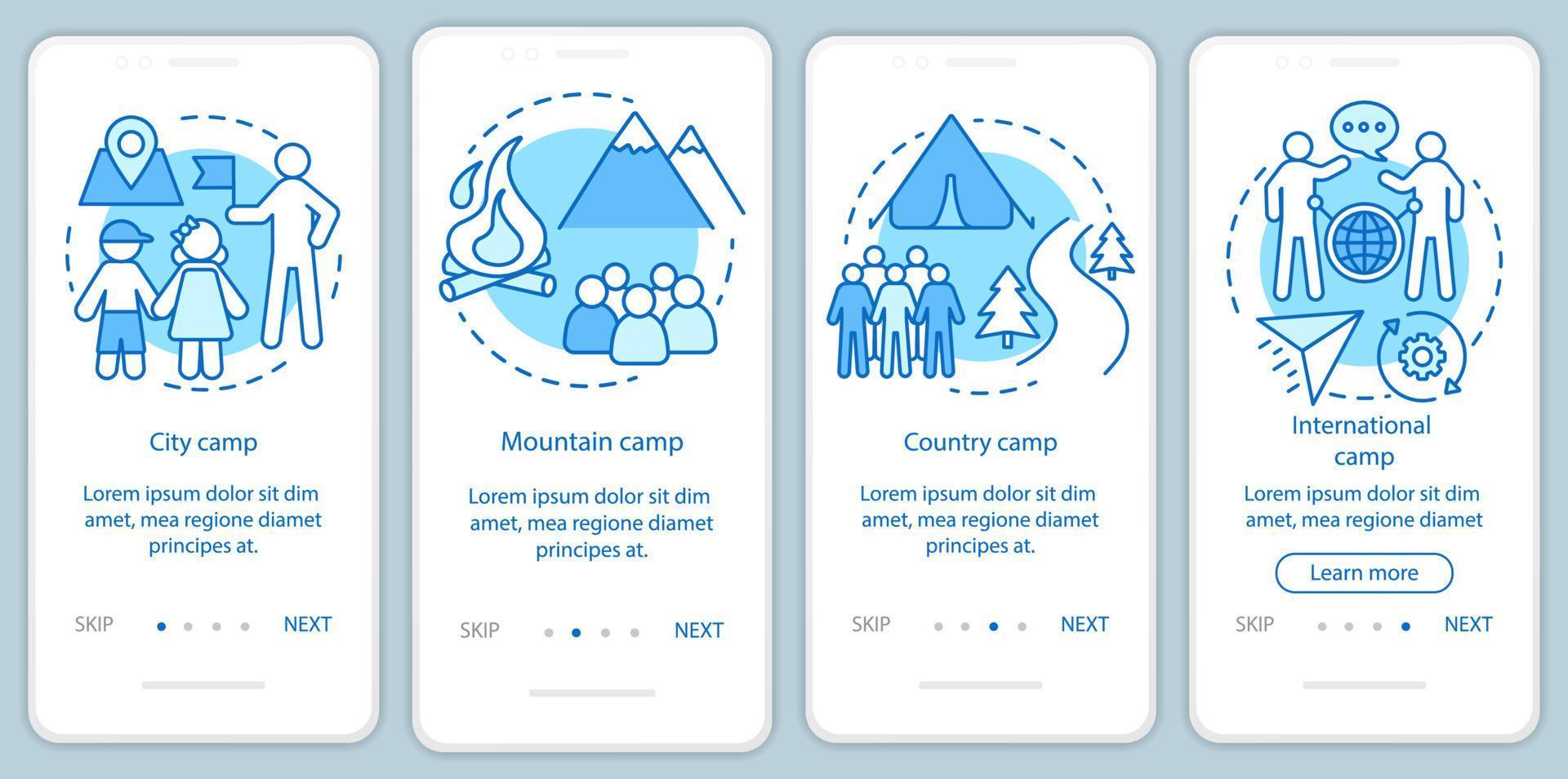 reizen, natuurkampen aan boord van het paginascherm van de mobiele app met lineaire concepten. kampeervakantie, reis walkthrough stappen grafische instructies. ux, ui, gui vectorsjabloon met illustraties vector