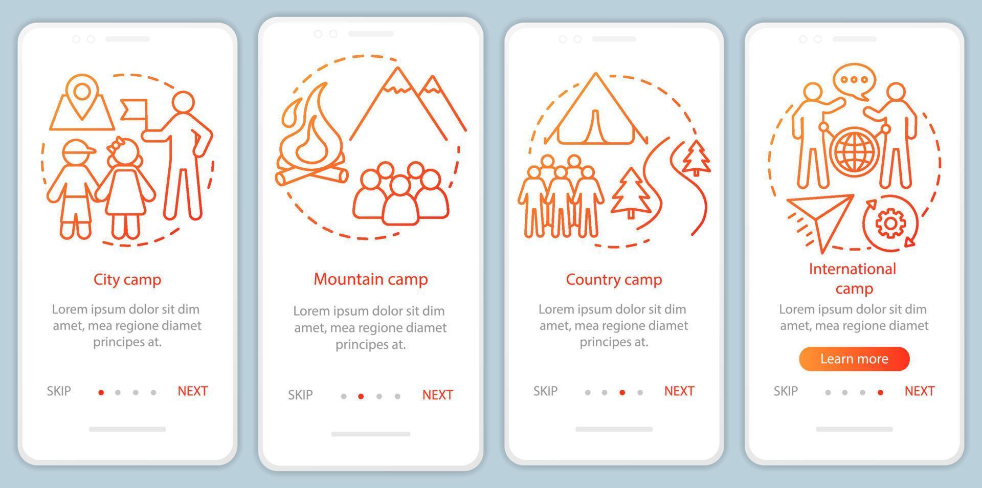 reizen, natuurkampen aan boord van mobiele app-paginaschermvectorsjabloon. campingvakantie, reis. walkthrough website stappen met lineaire illustraties. ux, ui, gui smartphone-interfaceconcept vector