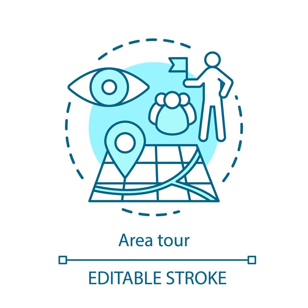 gebied tour reis concept icoon. toerisme, bezienswaardigheden bezoeken, oriëntatiepunten idee dunne lijn illustratie. gids toonaangevende toeristengroep, met attracties. vector geïsoleerde overzichtstekening. bewerkbare..