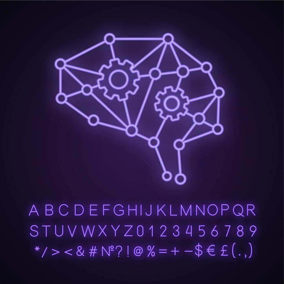 deep learning ai neonlichtpictogram. neurotechnologie. neuraal netwerk met tandwielen. digitaal brein. kunstmatige intelligentie. gloeiend bord met alfabet, cijfers en symbolen. vector geïsoleerde illustratie