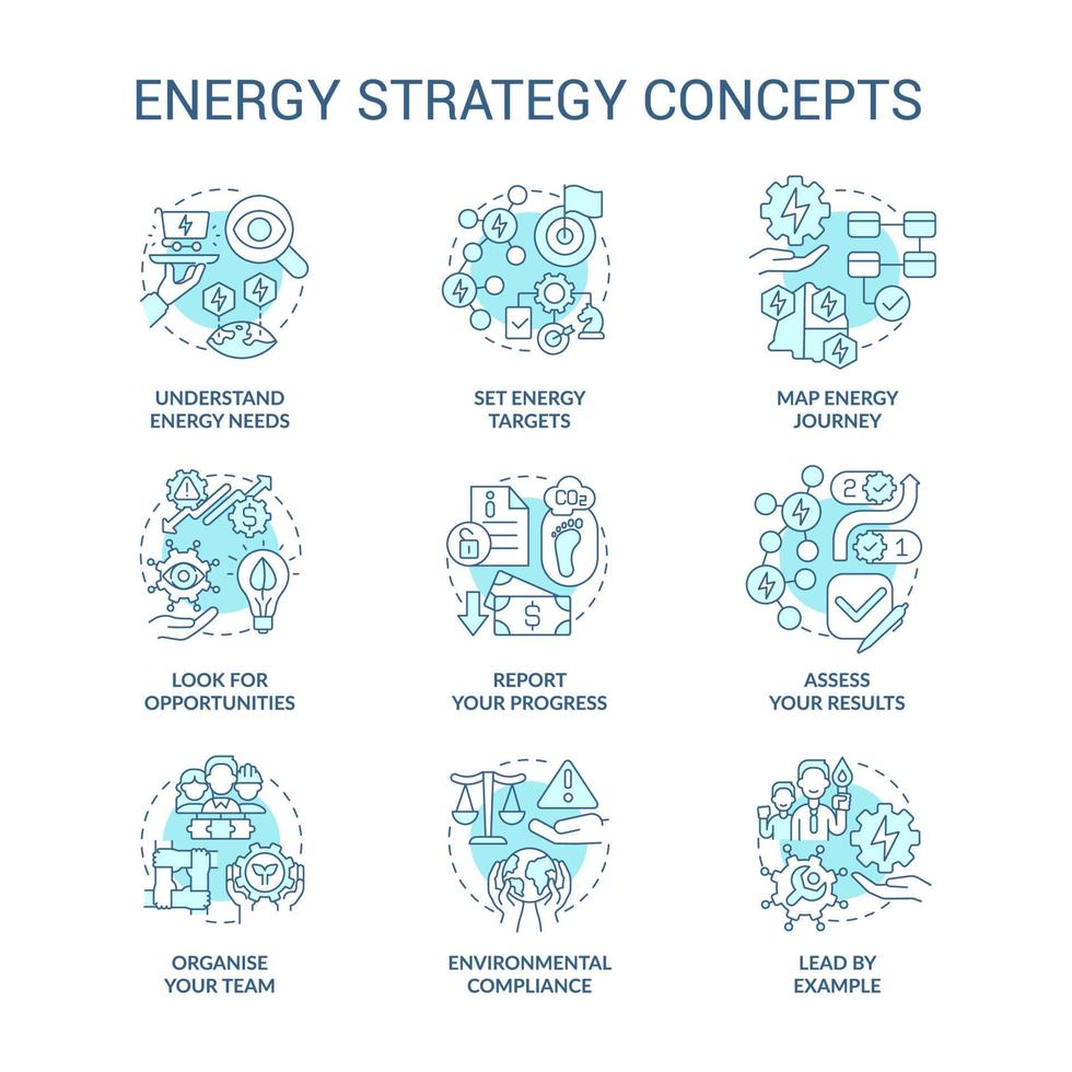 energie strategie turquoise concept iconen set. beheer van energieverbruik idee dunne lijn kleurenillustraties. geïsoleerde symbolen. bewerkbare streek. vector