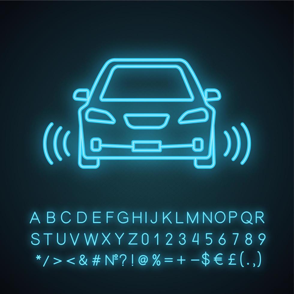 slimme auto in vooraanzicht neonlichtpictogram. nfc auto met radarsensoren. gloeiend bord met alfabet, cijfers en symbolen. zelfrijdende auto. autonome auto. vector geïsoleerde illustratie
