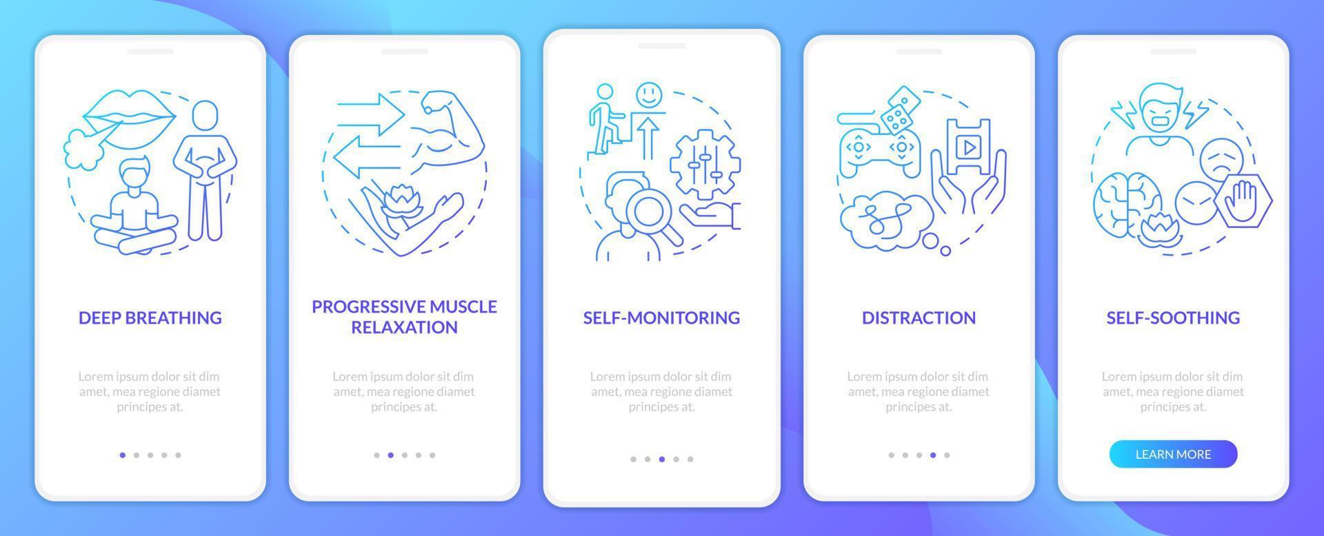 ptsd coping-strategieën blauwe gradiënt onboarding mobiele app-scherm. trauma walkthrough 5 stappen grafische instructiepagina's met lineaire concepten. ui, ux, gui-sjabloon. vector