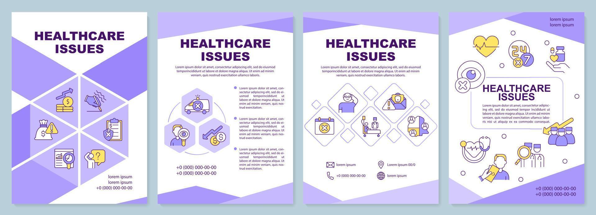 gezondheidszorg kwesties paarse brochure sjabloon. zorgverzekering plan. folderontwerp met lineaire pictogrammen. 4 vectorlay-outs voor presentatie, jaarverslagen. vector