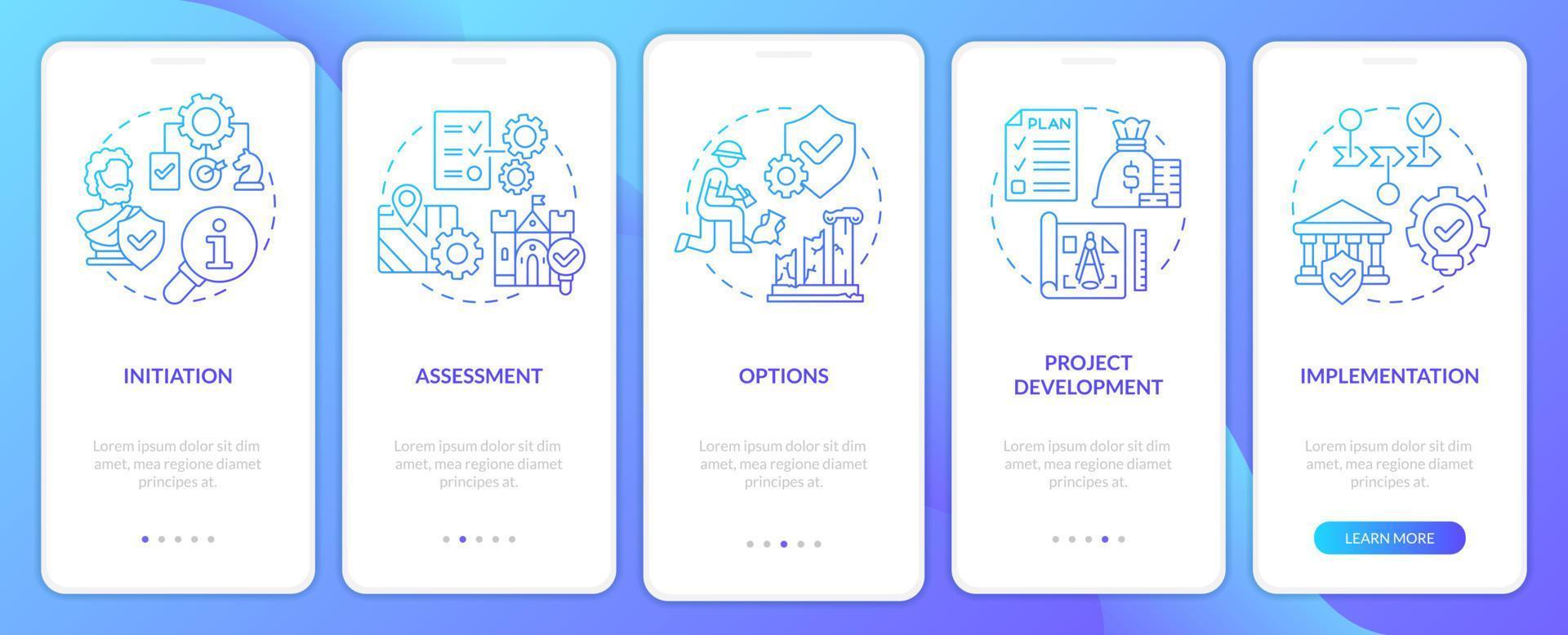 erfgoedconserveringsproces blauwe gradiënt onboarding mobiele app-scherm. walkthrough 5 stappen grafische instructiepagina's met lineaire concepten. ui, ux, gui-sjabloon. vector