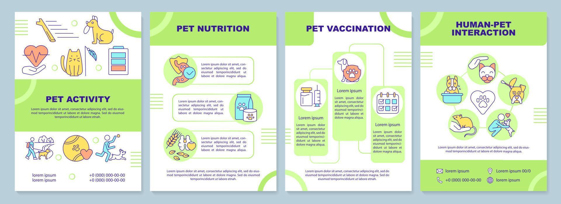 zorgen voor huisdier groene brochure sjabloon. activiteit en voeding. folderontwerp met lineaire pictogrammen. 4 vectorlay-outs voor presentatie, jaarverslagen vector