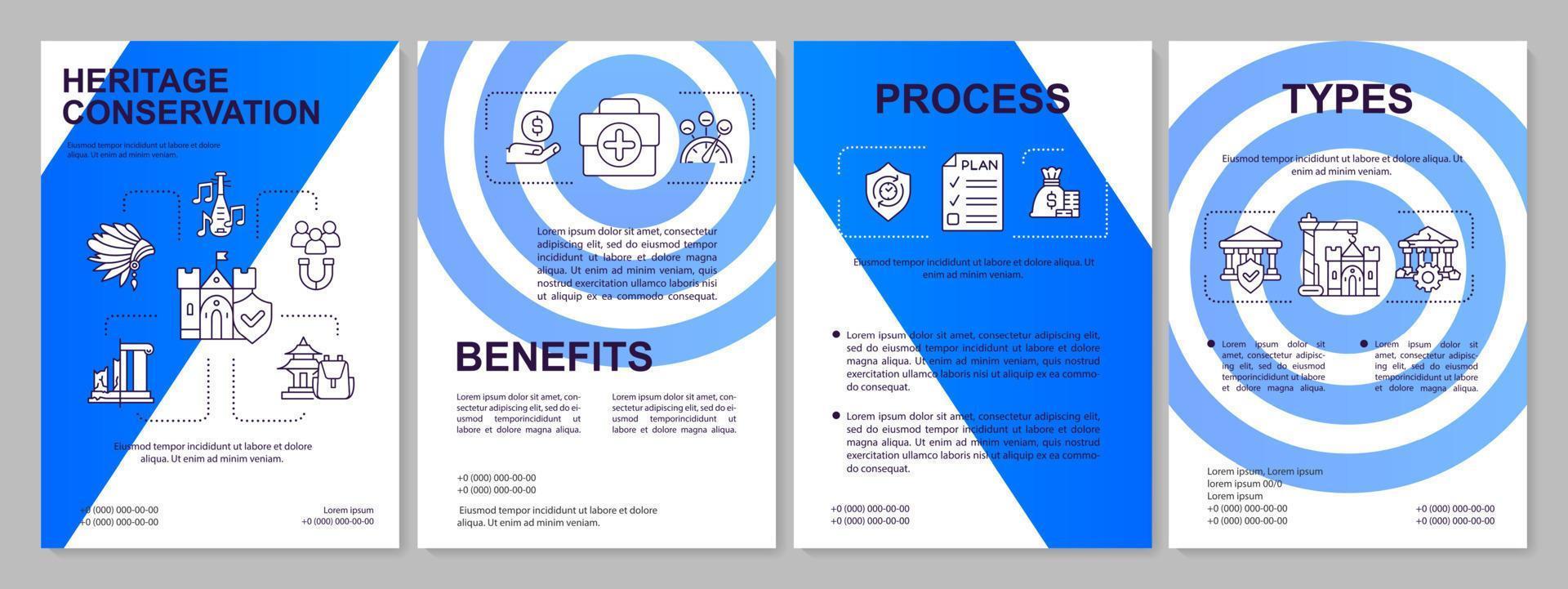 erfgoed behoud strategie blauwe brochure sjabloon. behoudsplan. folderontwerp met lineaire pictogrammen. 4 vectorlay-outs voor presentatie, jaarverslagen. vector