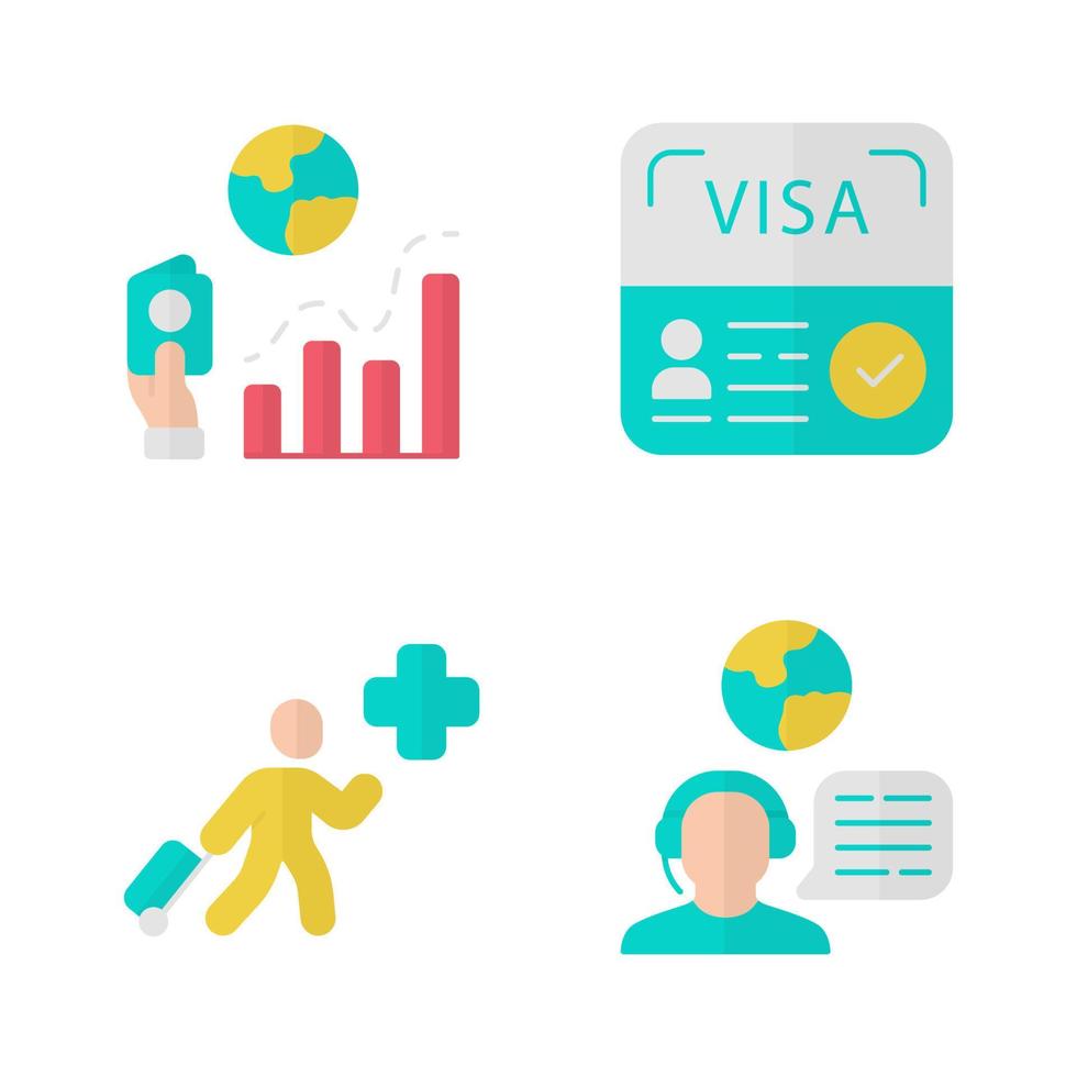 immigratie platte ontwerp lange schaduw kleur iconen set. migratiesnelheid, opstartvisum. humanitaire immigrant, reisadviseur. reisadviseur. naar het buitenland reizen. vector silhouet illustraties