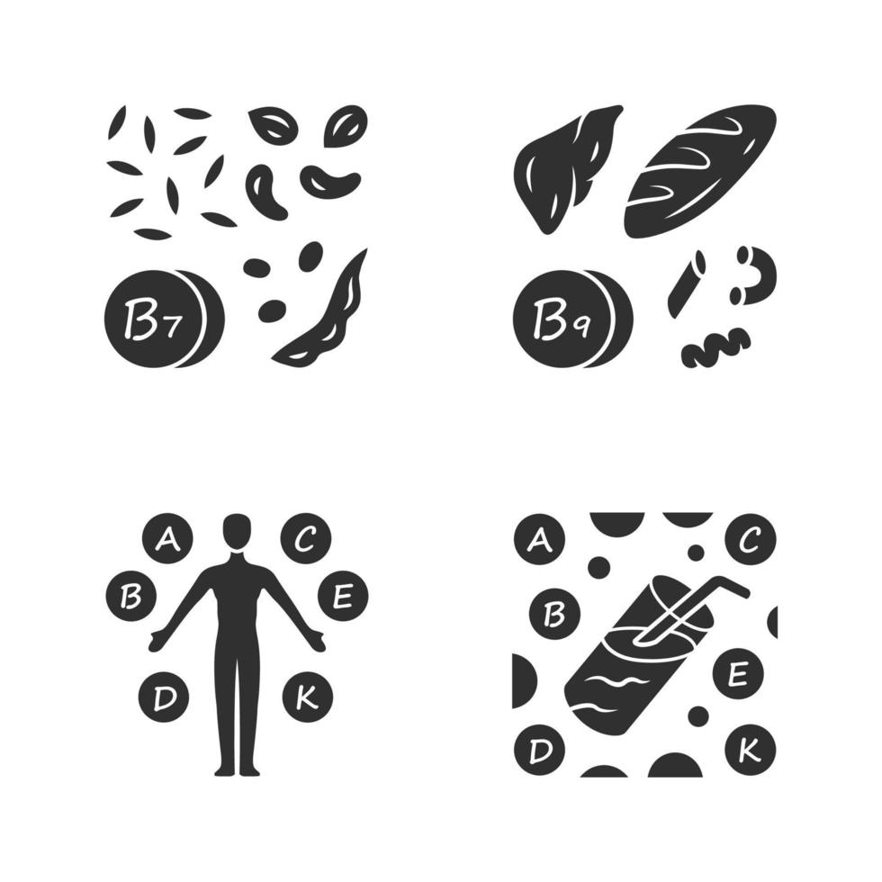 vitaminen glyph pictogrammen instellen. b1, b9 natuurlijke voedingsbron. vitaminecomplex, cocktail. noten, meelproducten. goede voeding. gezond eten. gezondheidszorg. mineralen, antioxidanten. vector geïsoleerde illustratie