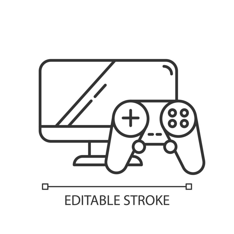 lineaire pictogram voor videogames en consoles. spelbesturing, beeldscherm. e-commerce afdeling. dunne lijn illustratie. contour symbool. vector geïsoleerde overzichtstekening. bewerkbare streek