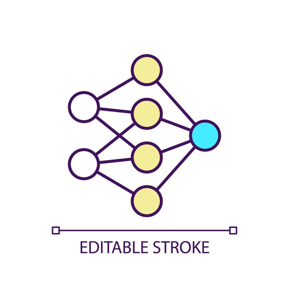 neuraal netwerk rgb-kleurpictogram. knoop- en celverbinding. schematisch diep leren. machine algoritme. geïsoleerde vectorillustratie. eenvoudige gevulde lijntekening. bewerkbare streek. vector