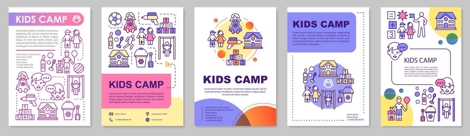 kinderen, kinderen zomerkamp brochure sjabloon lay-out. flyer, boekje, folder printontwerp met lineaire illustraties. vectorpaginalay-outs voor tijdschriften, jaarverslagen, reclameposters vector