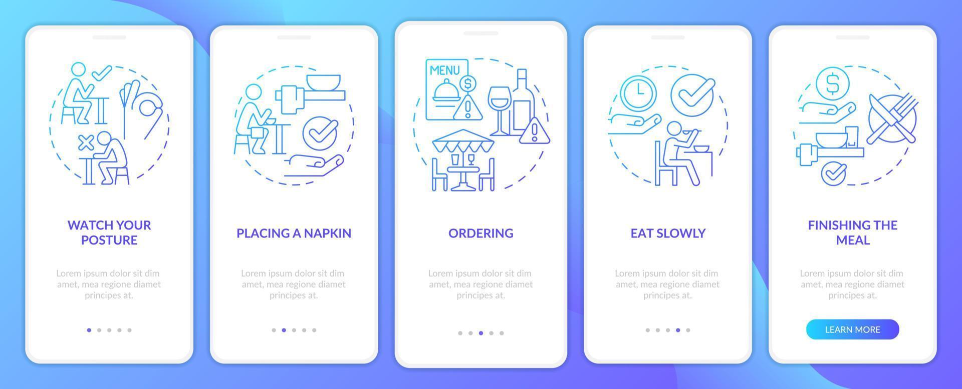 restaurant etiquette blauwe gradiënt onboarding mobiele app scherm. walkthrough 5 stappen grafische instructiepagina's met lineaire concepten. ui, ux, gui-sjabloon. vector