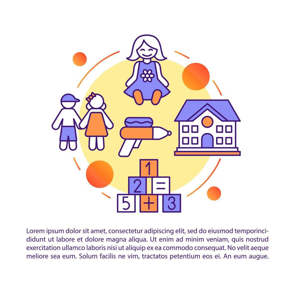 kinderen, kinderen kamp, kleuterschool artikel pagina vector sjabloon. brochure, tijdschrift, boekje ontwerpelement met lineaire pictogrammen en tekstvakken. print ontwerp. conceptillustraties met tekstruimte