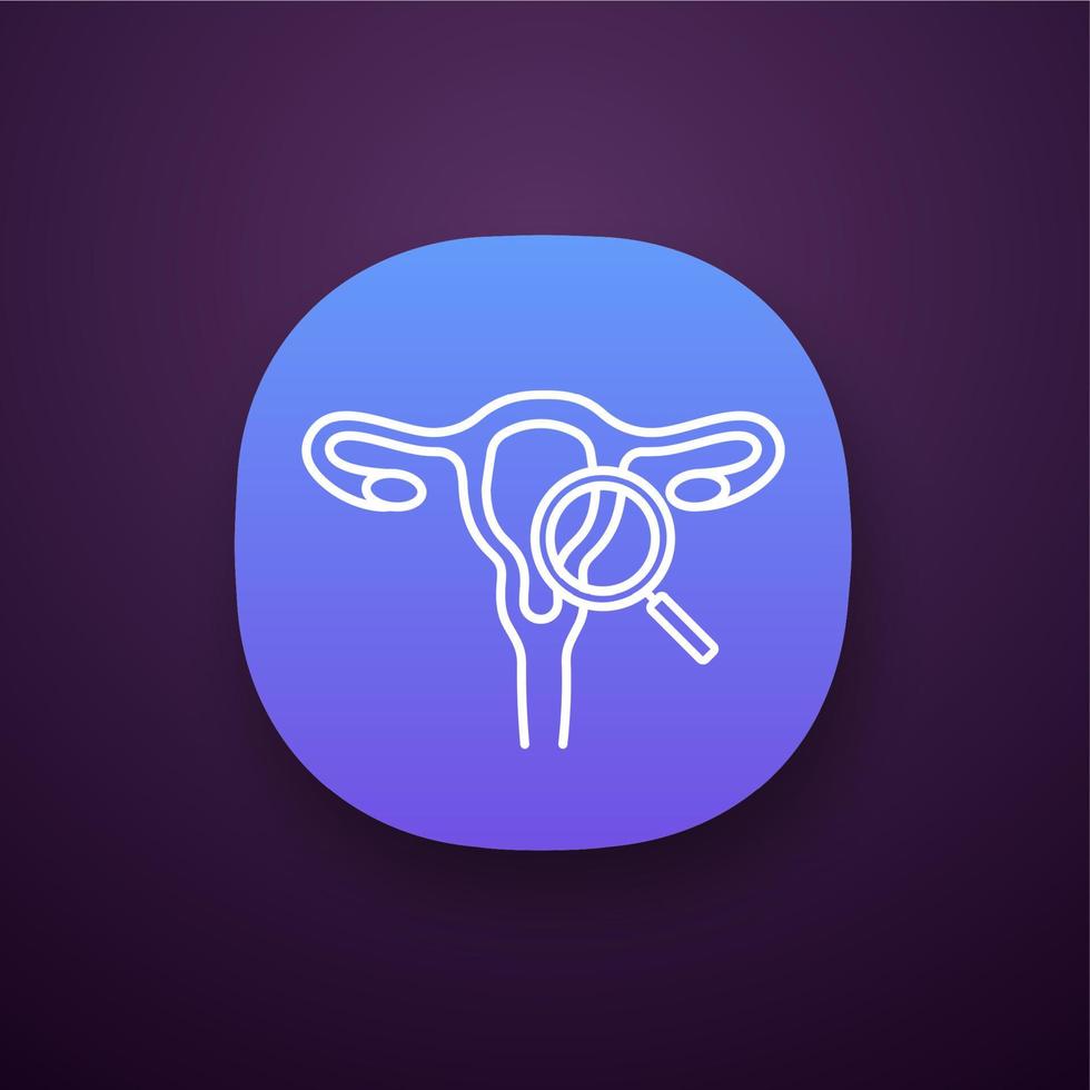 gynaecologisch onderzoek app icoon. ui ux-interface. onderzoek van het vrouwelijk voortplantingssysteem. gynaecologie. baarmoeder, eileiders, vagina met vergrootglas. gezondheid van vrouwen. vector geïsoleerde illustratie