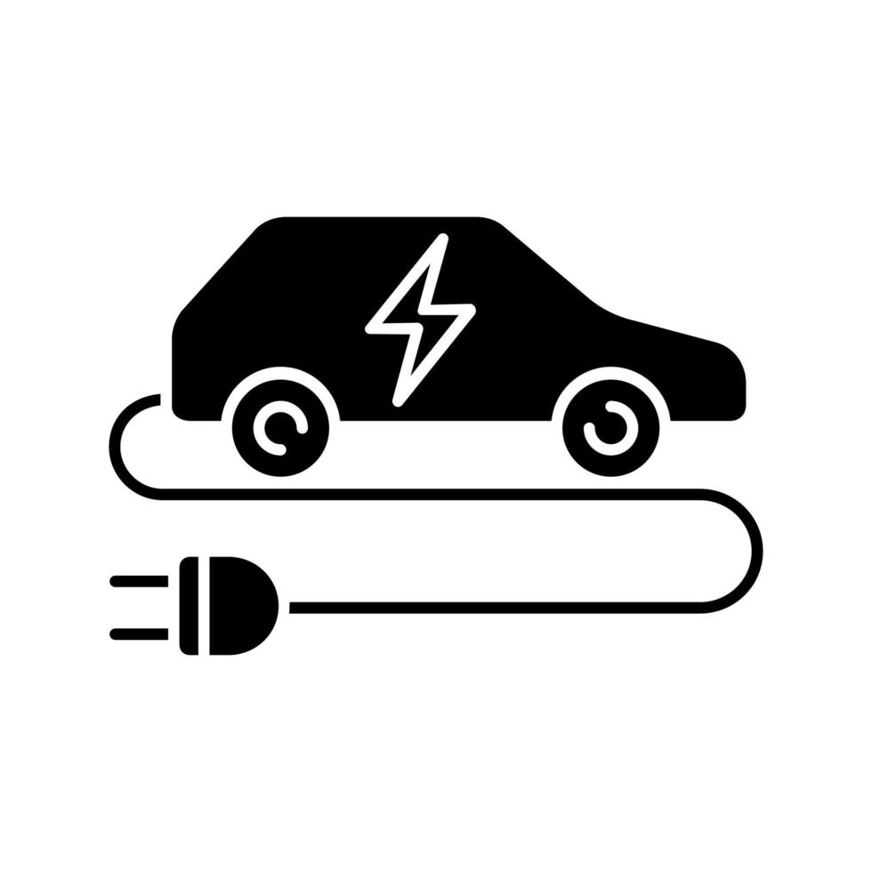 elektrische auto glyph icoon. milieuvriendelijke auto. groen voertuig. auto met elektrische stekker. silhouet symbool. negatieve ruimte. vector geïsoleerde illustratie