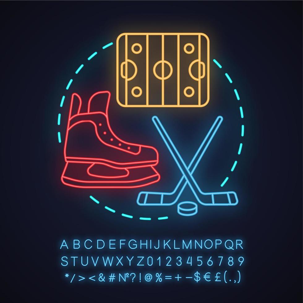 ijshockey neon licht concept icoon. teamsport. idee voor winteractiviteiten. hockeybaan, schaatsschoen, hockeystick en puck. gloeiend bord met alfabet, cijfers en symbolen. vector geïsoleerde illustratie