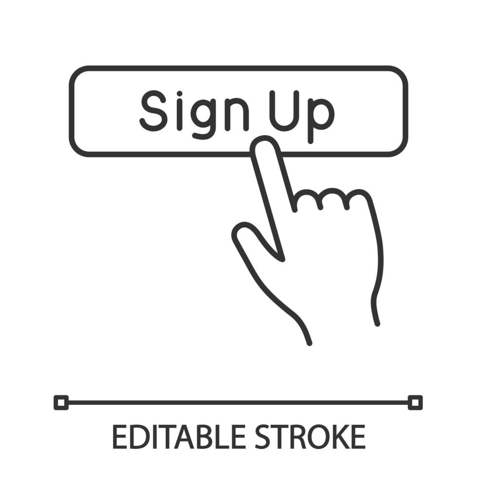 aanmelden knop klik op lineaire pictogram. nieuwe gebruiker registratie. dunne lijn illustratie. lidmaatschap. met de hand op de knop. contour symbool. vector geïsoleerde overzichtstekening. bewerkbare streek