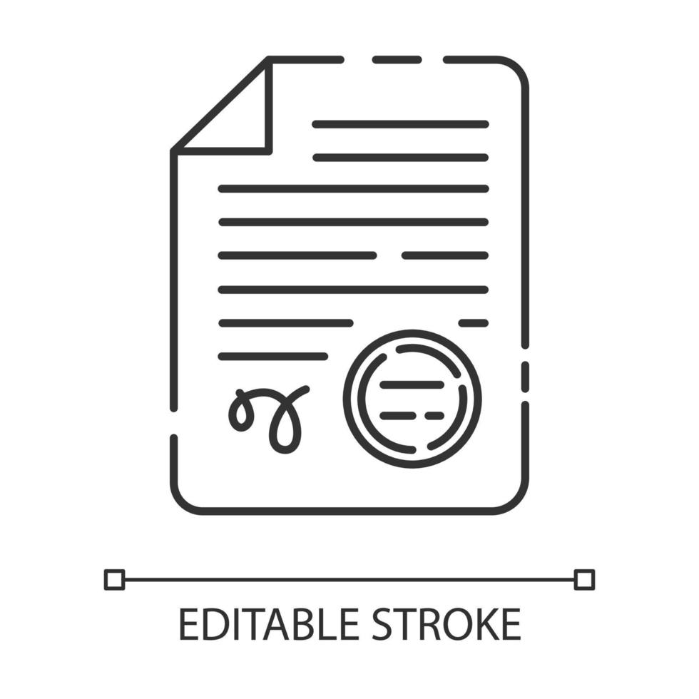 apostilles en document legalisatie diensten lineaire pictogram. vertaling. juridische validatie. notarieel document. dunne lijn illustratie. contour symbool. vector geïsoleerde overzichtstekening. bewerkbare streek