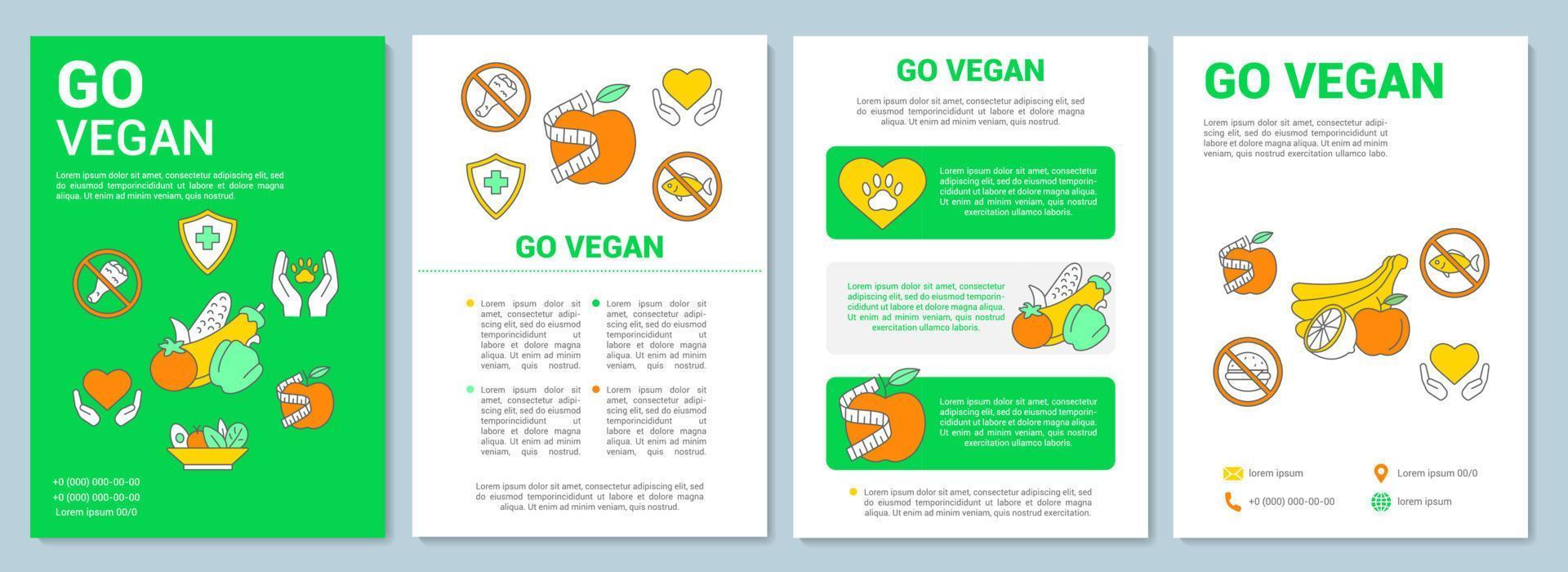 vegetarische levensstijl brochure sjabloon lay-out. ga vegan flyer, boekje, folder printontwerp met lineaire illustraties. vectorpaginalay-outs voor tijdschriften, jaarverslagen, reclameposters vector