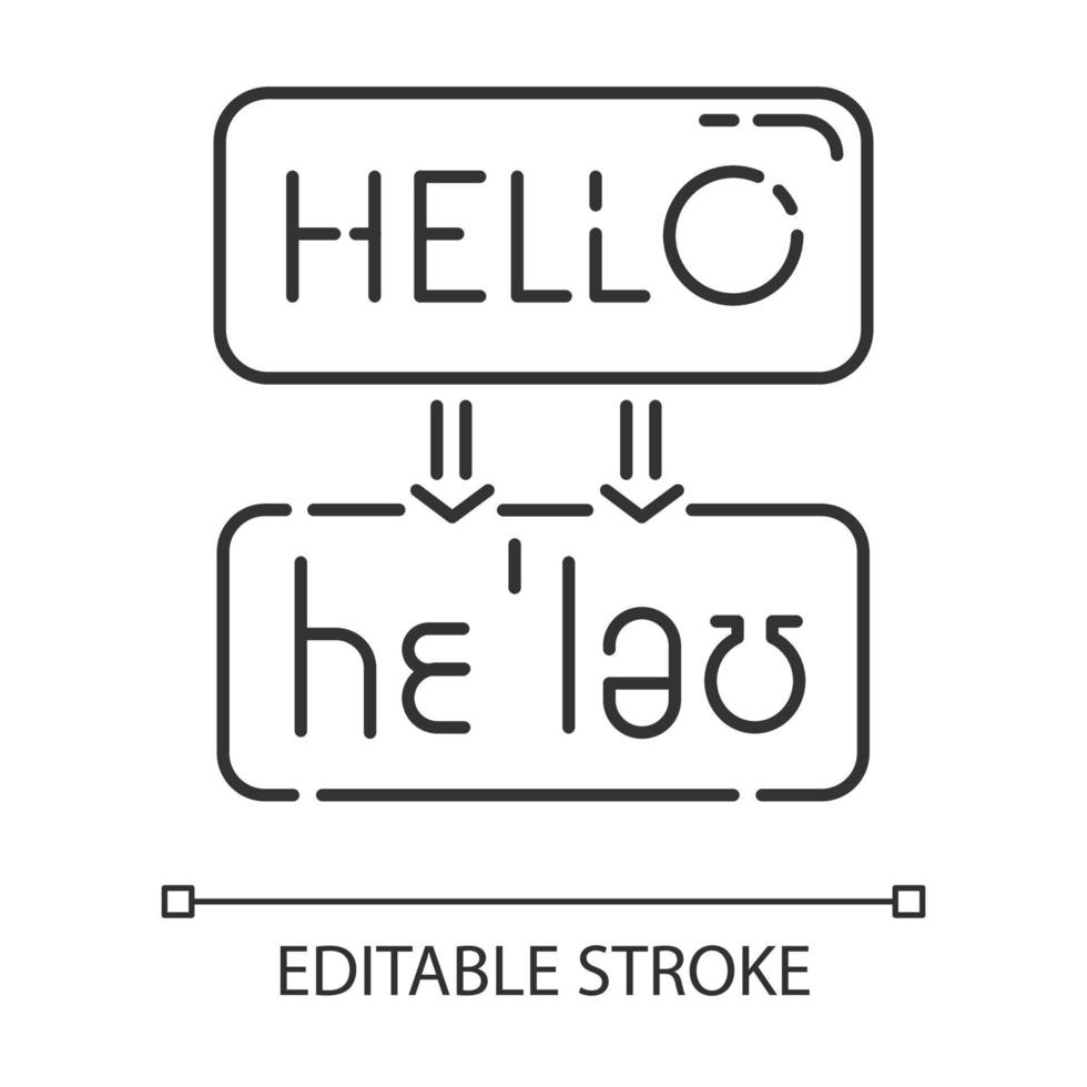 taal vertaaldiensten lineaire pictogram. machinale transcriptie. online woordenboek. woord geluid representatie. dunne lijn illustratie. contour symbool. vector geïsoleerde overzichtstekening. bewerkbare streek