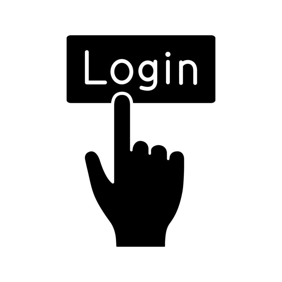 login-knop klik op het glyph-pictogram. silhouet symbool. machtiging. met de hand op de knop. negatieve ruimte. vector geïsoleerde illustratie