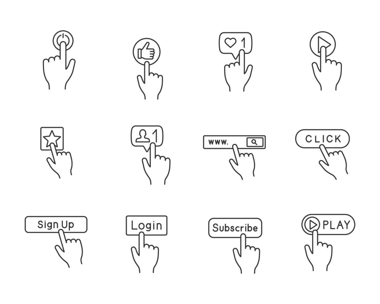 app knoppen lineaire pictogrammen instellen. Klik. sociale media-interface. webpagina navigatie. dunne lijn contour symbolen. geïsoleerde vectoroverzichtsillustraties. bewerkbare streek vector