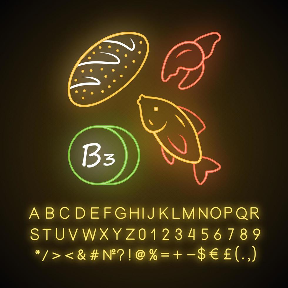 vitamine b3 neonlichtpictogram. brood, vis en zeevruchten. gezond eten. nicotine zuur. vitamine pp, niacine natuurlijke voedselbron. gloeiend bord met alfabet, cijfers, symbolen. vector geïsoleerde illustratie