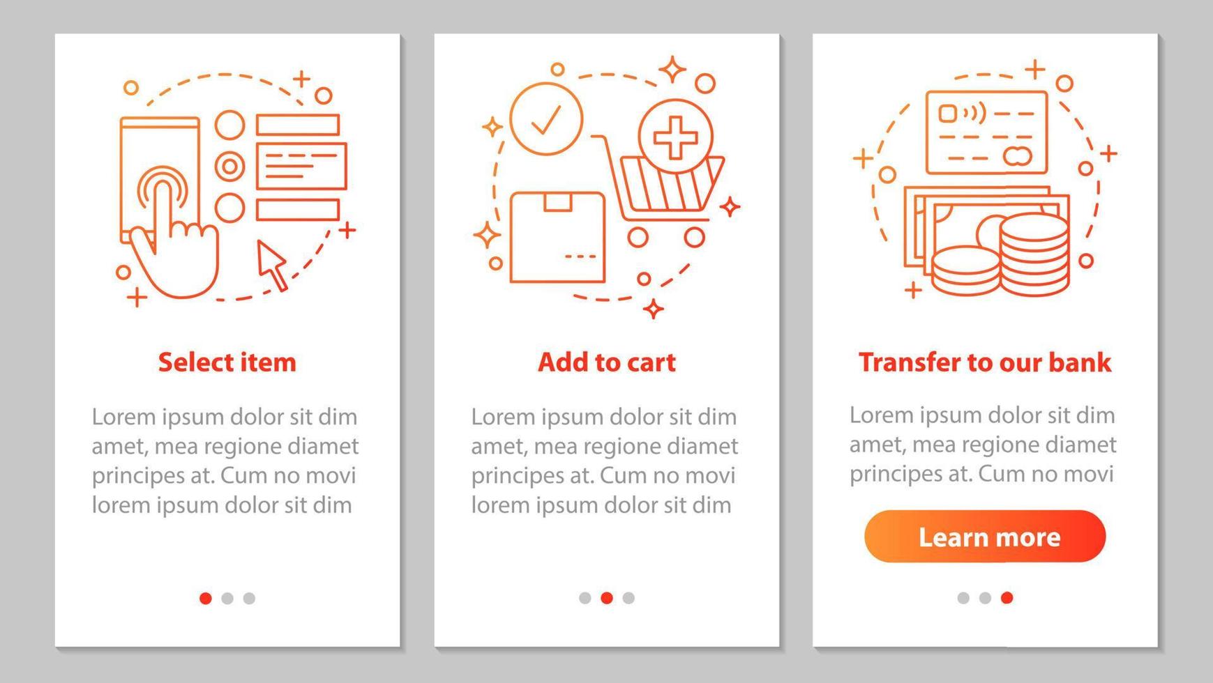 online winkelen onboarding mobiele app paginascherm met lineaire concepten. digitale aankoop stappen grafische instructies. artikelen selecteren, aan winkelwagen toevoegen, betalen. ux, ui, gui vectorillustraties vector