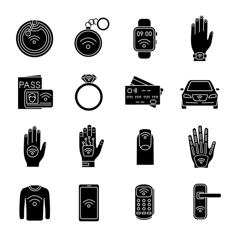 nfc technologie glyph pictogrammen instellen. nearfield communicatie. rfid- en nfc-tag, sticker, telefoon, trinket, ring, implantaat. contactloze technologie. silhouet symbolen. vector geïsoleerde illustratie