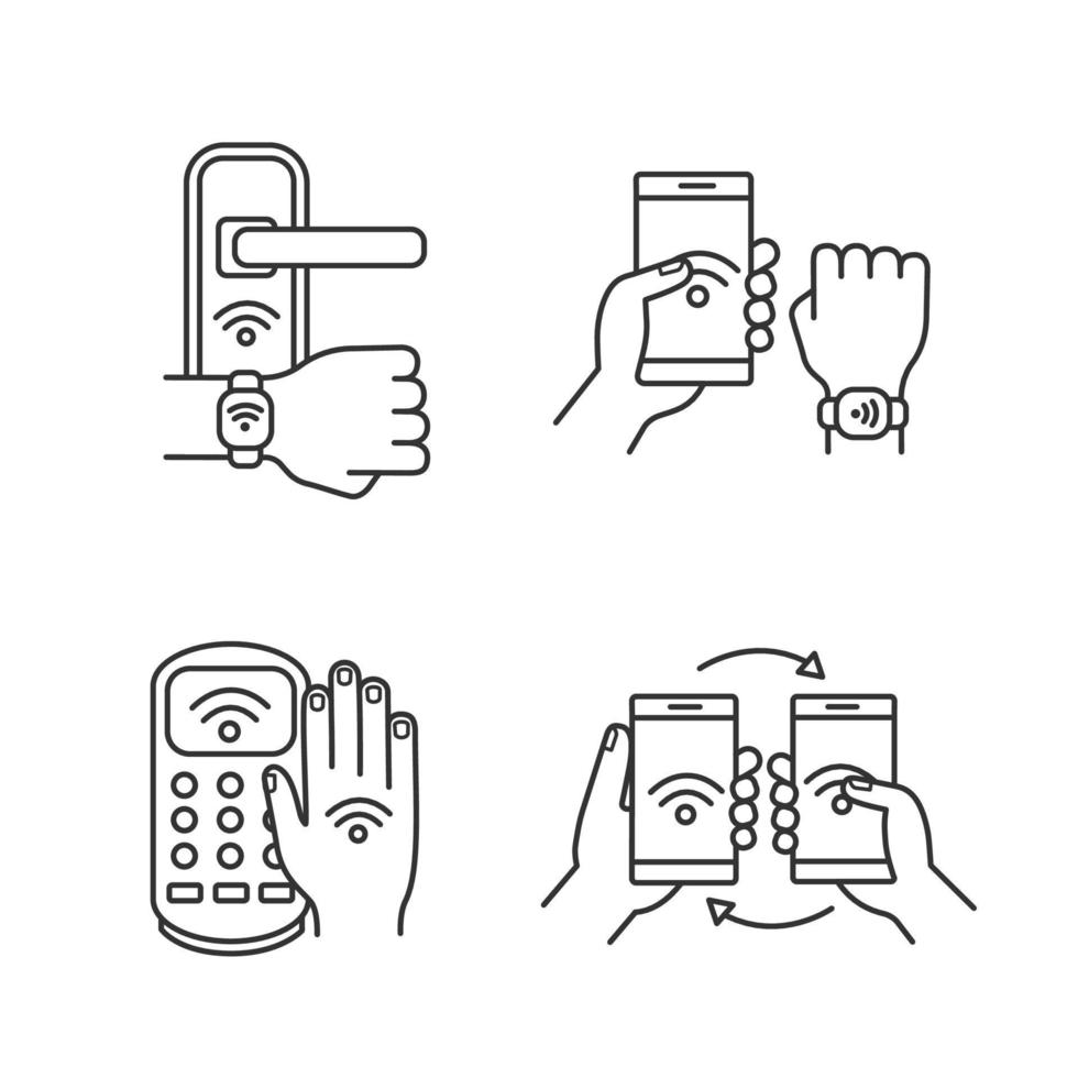 nfc-technologie lineaire pictogrammen instellen. near field deurslot, armband, betaalterminal, gegevensoverdracht. dunne lijn contour symbolen. geïsoleerde vectoroverzichtsillustraties. bewerkbare streek vector