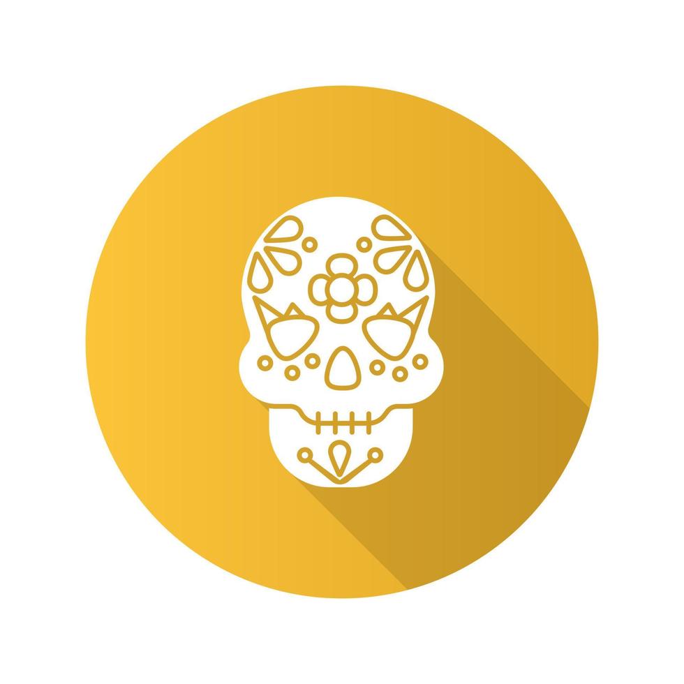 dag van de doden platte ontwerp lange schaduw glyph pictogram. schedel met bloemen ornament. 31 oktober. dia de muertos. vector silhouet illustratie