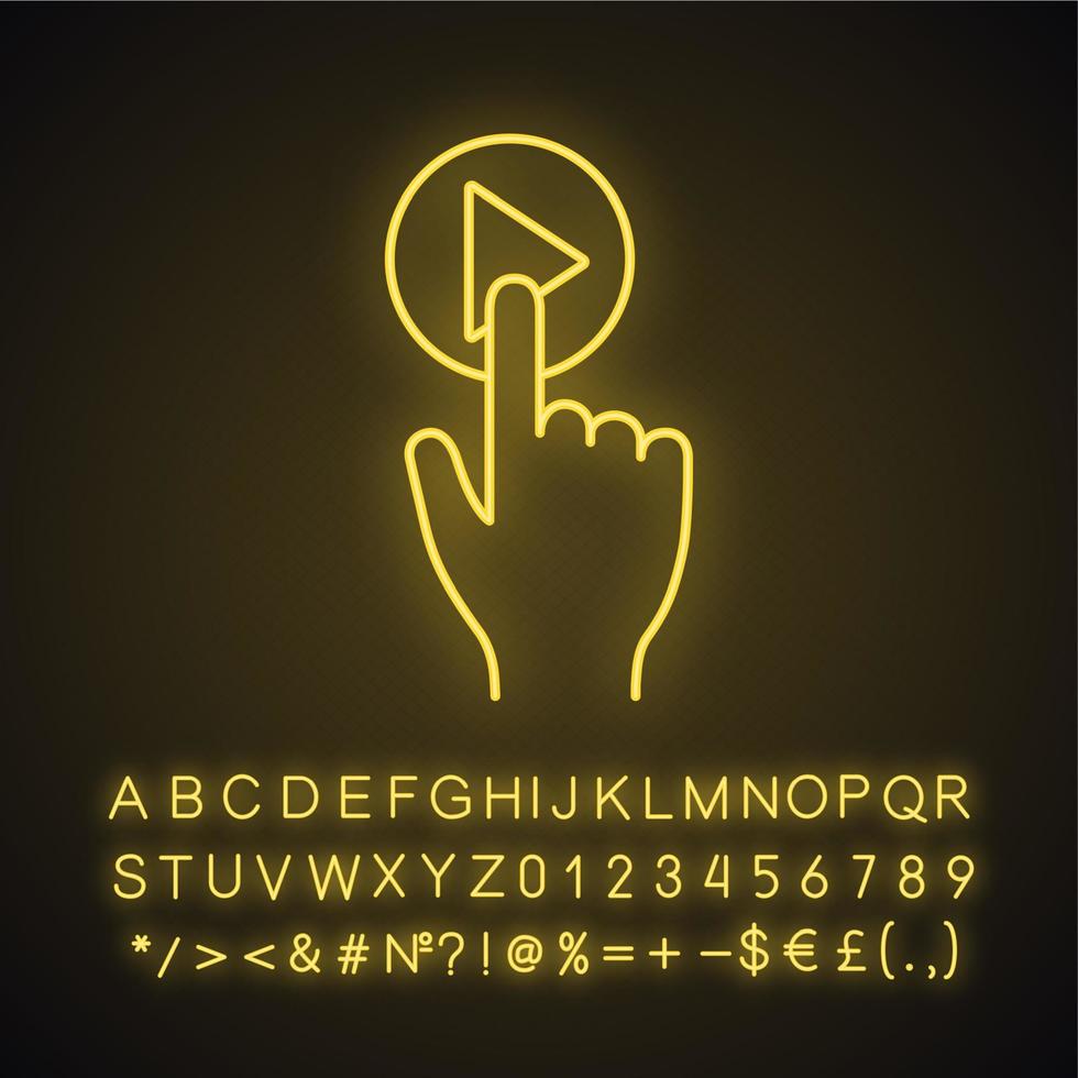 afspeelknop klik op neonlichtpictogram. starten, lanceren. mediaspeler. handdrukknop. gloeiend bord met alfabet, cijfers en symbolen. vector geïsoleerde illustratie