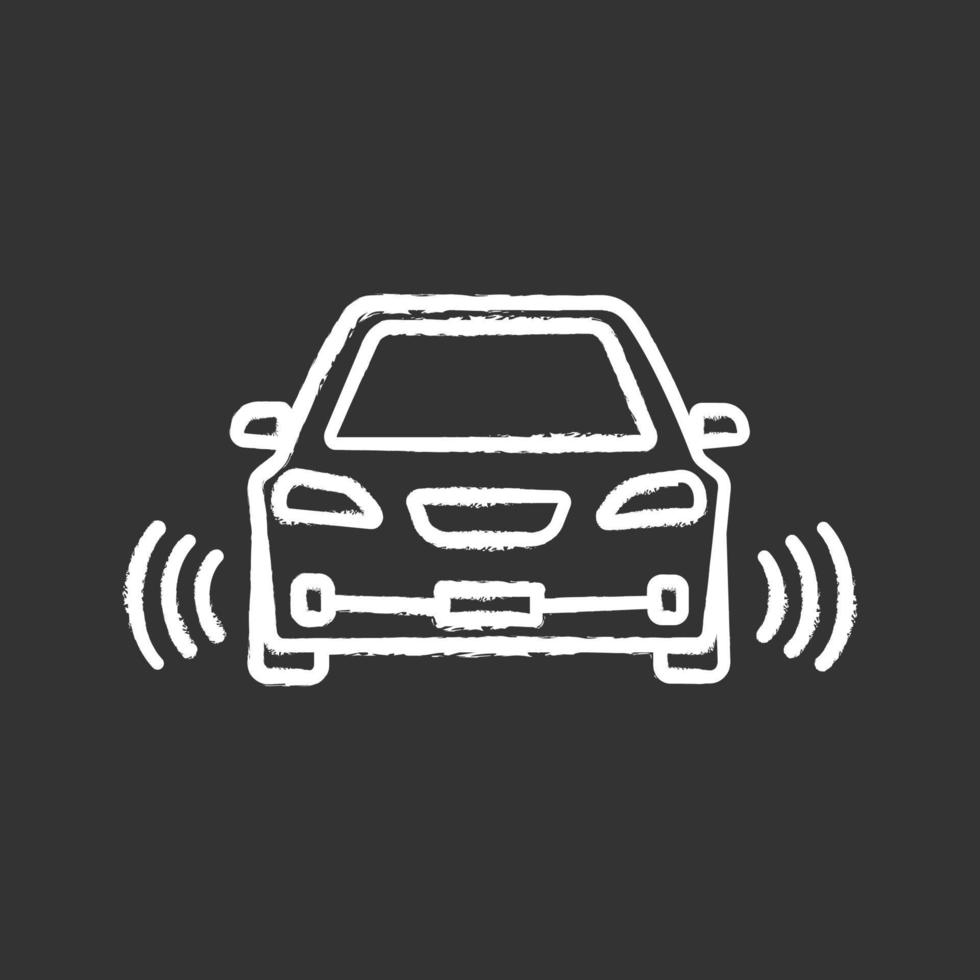 slimme auto in vooraanzicht krijt icoon. nfc auto met radarsensoren. intelligent voertuig. zelfrijdende auto. autonome auto. voertuig zonder bestuurder. geïsoleerde vector schoolbordillustratie