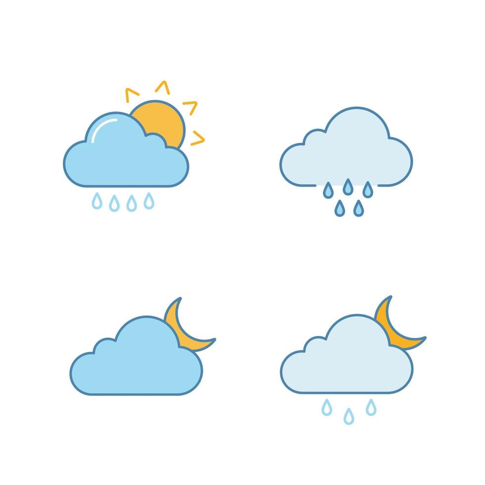 weersvoorspelling gekleurde pictogrammen instellen. regen met zon, regenachtig weer, bewolkte nacht, motregen en verspreide buien. geïsoleerde vectorillustraties vector