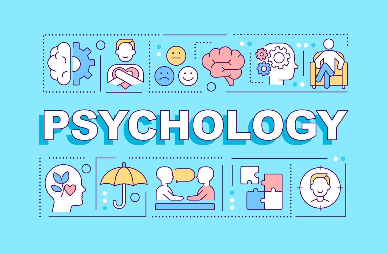 psychologie woord concepten blauwe banner. patiëntenzorg en therapie. infographics met pictogrammen op een achtergrond in kleur. geïsoleerde typografie. vectorillustratie met tekst. vector