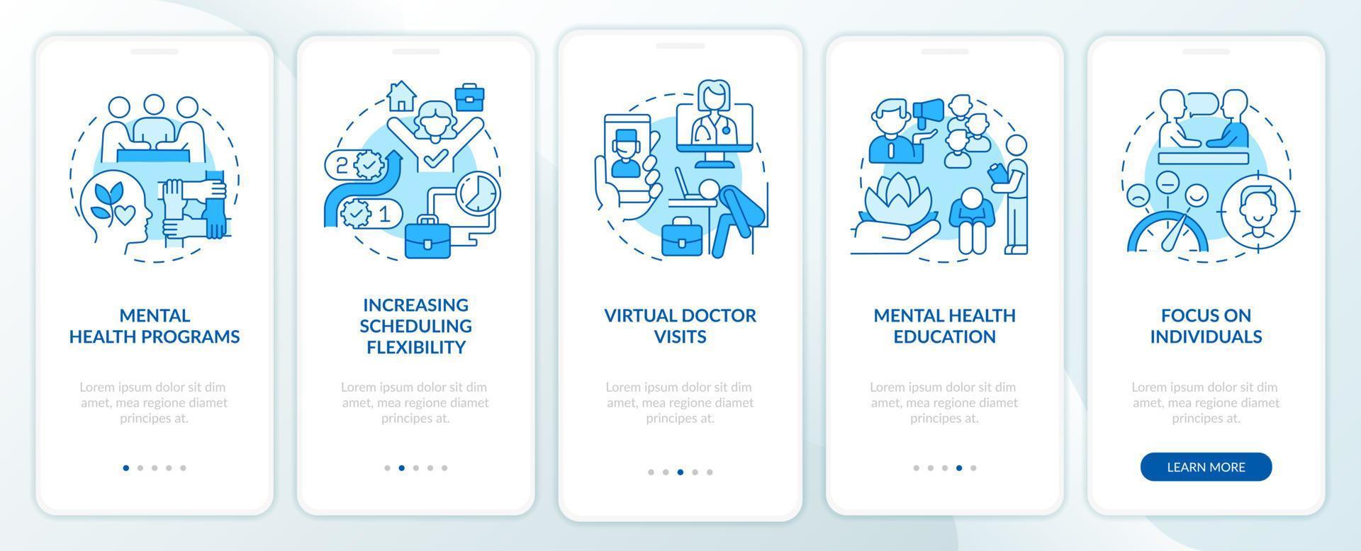 geestelijke gezondheidstrends op het werk blauw onboarding mobiel app-scherm. therapie walkthrough 5 stappen grafische instructiepagina's met lineaire concepten. ui, ux, gui-sjabloon. vector