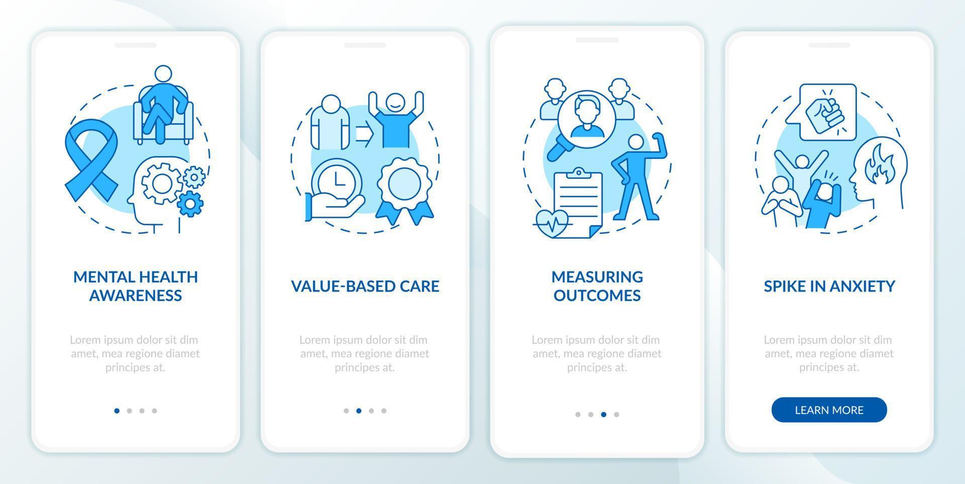 gedragstrends blauw onboarding mobiel app-scherm. geestelijke gezondheid walkthrough 4 stappen grafische instructiepagina's met lineaire concepten. ui, ux, gui-sjabloon. vector