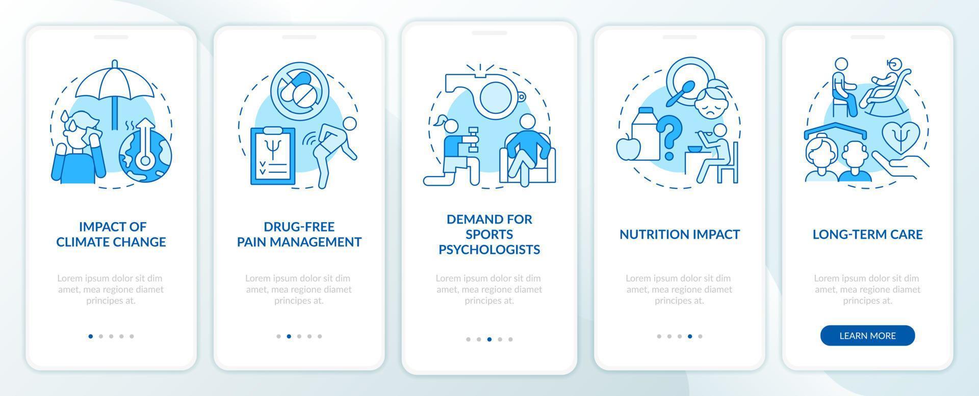 trends in psychologie en geestelijke gezondheid blauw onboarding mobiel app-scherm. walkthrough 5 stappen grafische instructiepagina's met lineaire concepten. ui, ux, gui-sjabloon. vector
