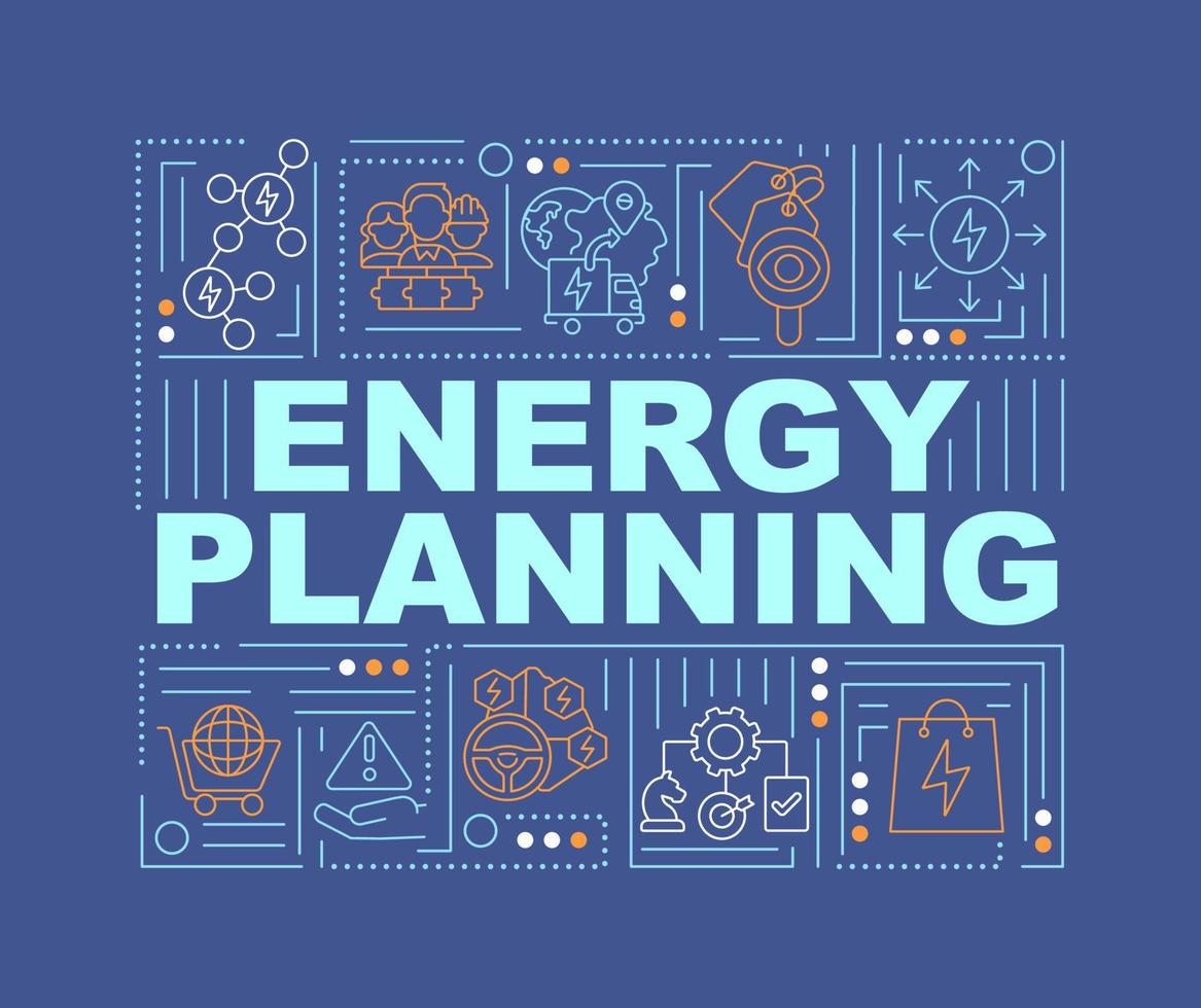 focus op energiestrategie woordconcepten donkerblauwe banner. duurzaamheidsplan. infographics met pictogrammen op een achtergrond in kleur. geïsoleerde typografie. vectorillustratie met tekst. vector