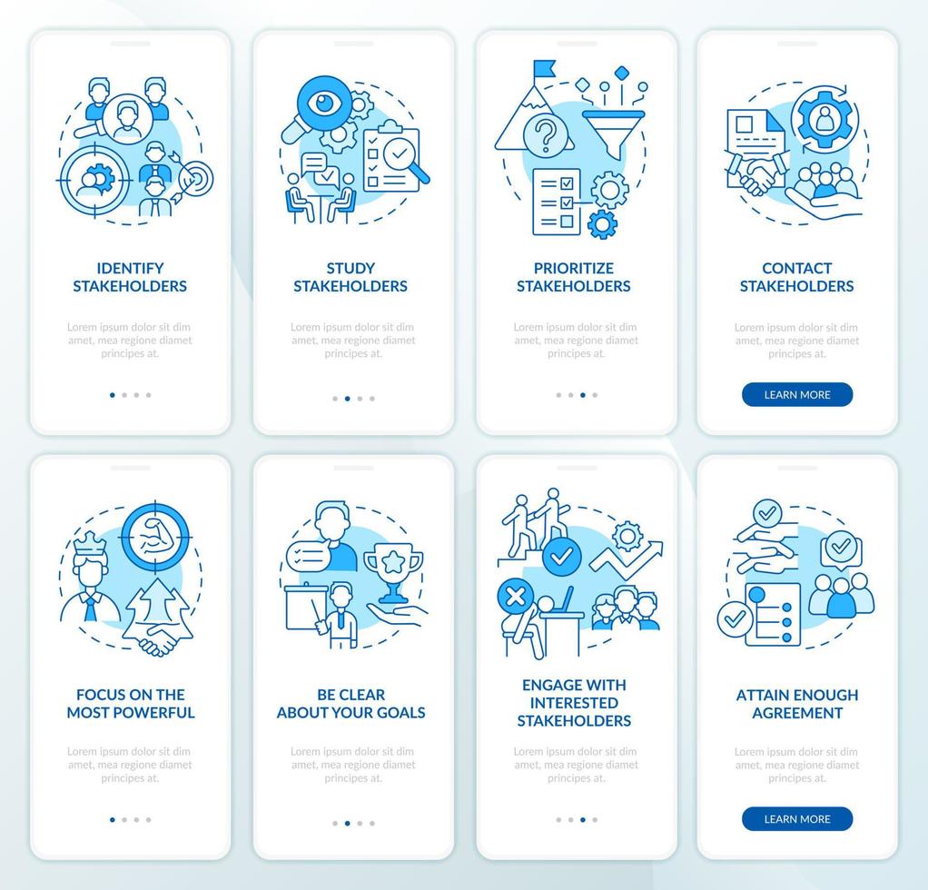 stakeholdermanagement, analyse blauwe onboarding mobiele app-schermset. walkthrough 4 stappen grafische instructiepagina's met lineaire concepten. ui, ux, gui-sjabloon. vector