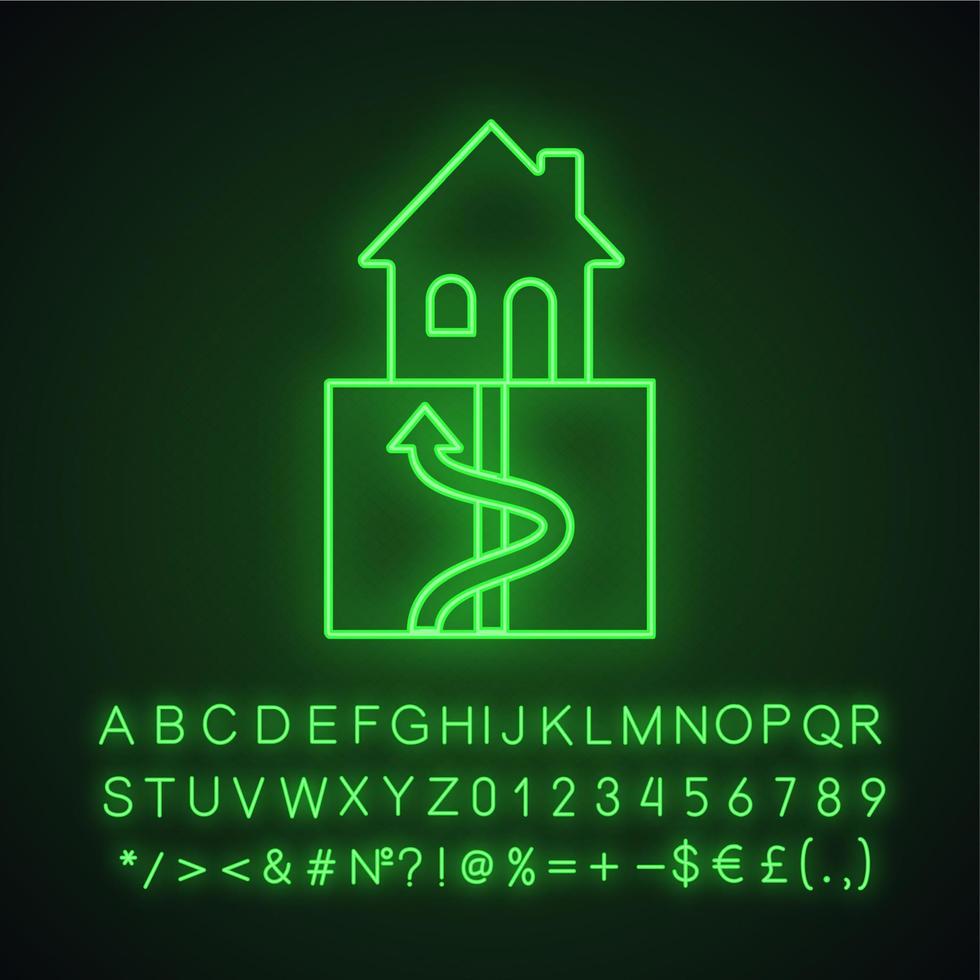 geothermische energie neon licht icoon. grond warmtepomp. ecologische huisverwarming. gloeiend bord met alfabet, cijfers en symbolen. vector geïsoleerde illustratie