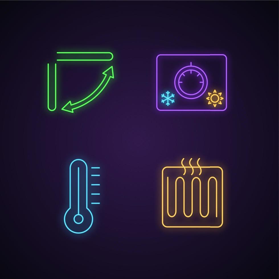 airconditioning neonlicht pictogrammen instellen. klimaatknop, verwarmingselement, thermometer, lamellen voor airconditioning. gloeiende borden. geïsoleerde vectorillustraties vector